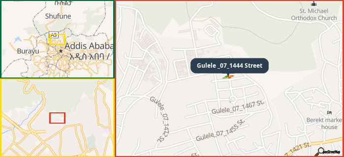 Map showing the address of Gulele _07_1444 Street in three different zoom levels.