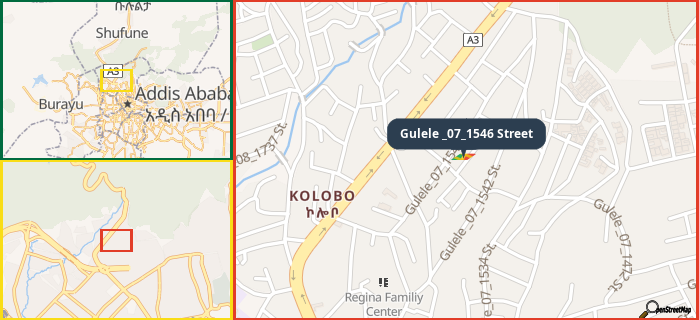 Map showing the address of Gulele _07_1546 Street in three different zoom levels.