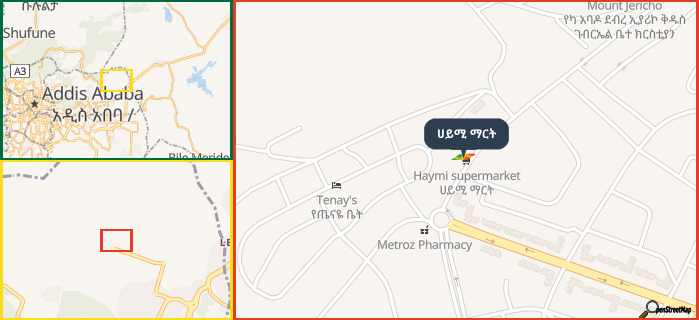 Map showing the address of ሀይሚ ማርት in three different zoom levels.