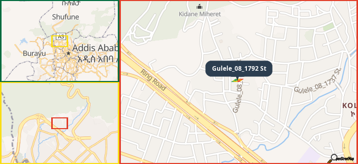 Map showing the address of Gulele_08_1792 St in three different zoom levels.