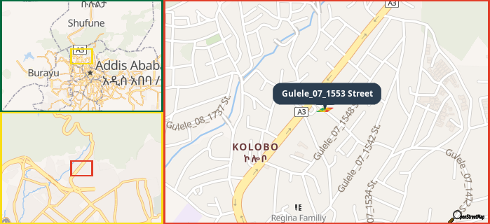 Map showing the address of Gulele_07_1553 Street in three different zoom levels.