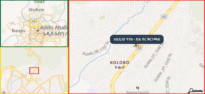 Map showing the address of አቢሲንያ ባንክ - ድል በር ቅርንጫፍ in three different zoom levels.