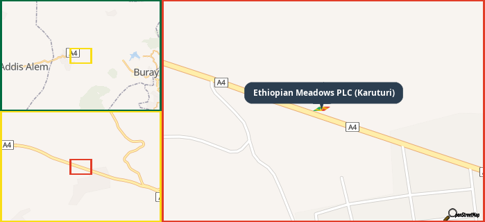 Map showing the address of Ethiopian Meadows PLC (Karuturi) in three different zoom levels.