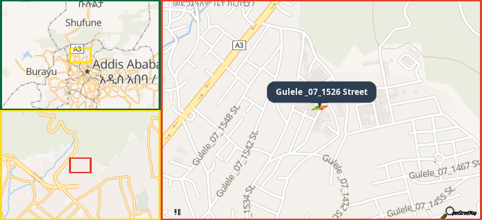 Map showing the address of Gulele _07_1526 Street in three different zoom levels.