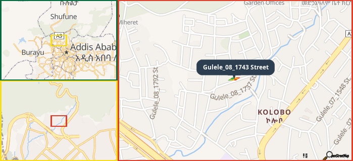 Map showing the address of Gulele_08_1743 Street in three different zoom levels.