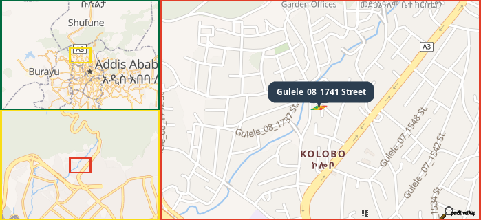 Map showing the address of Gulele_08_1741 Street in three different zoom levels.