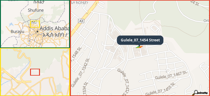 Map showing the address of Gulele_07_1454 Street in three different zoom levels.