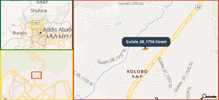 Map showing the address of Gulele_08_1756 Street in three different zoom levels.