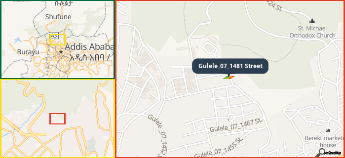 Map showing the address of Gulele_07_1481 Street in three different zoom levels.