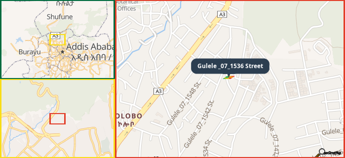 Map showing the address of Gulele _07_1536 Street in three different zoom levels.