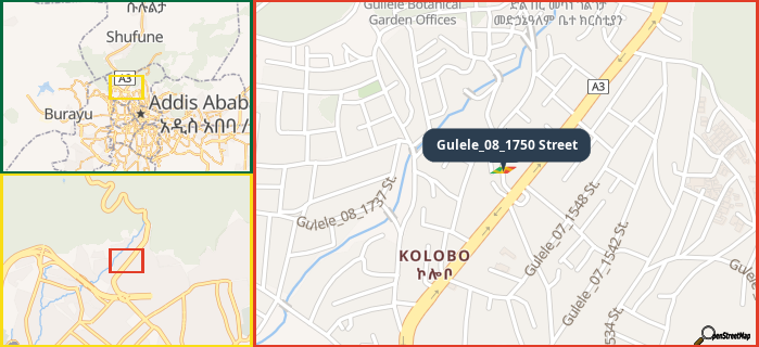 Map showing the address of Gulele_08_1750 Street in three different zoom levels.