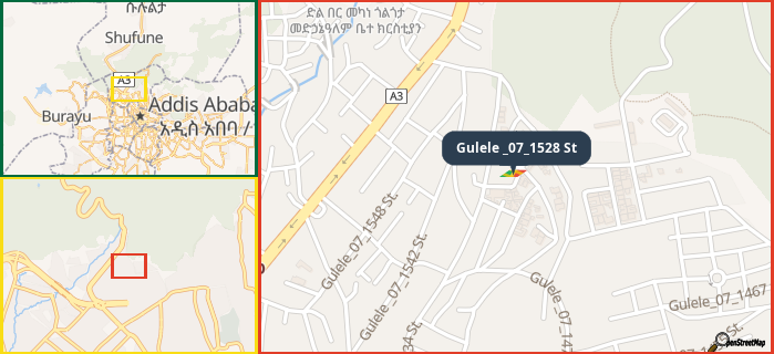 Map showing the address of Gulele _07_1528 St in three different zoom levels.