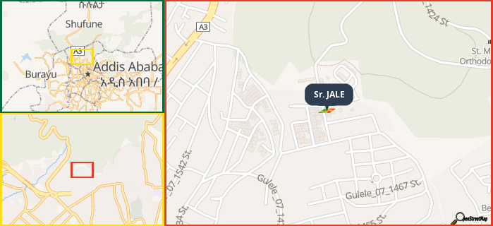 Map showing the address of Sr. JALE in three different zoom levels.