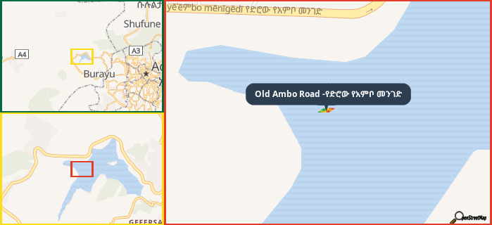 Map showing the address of Old Ambo Road -የድሮው የአምቦ መንገድ in three different zoom levels.