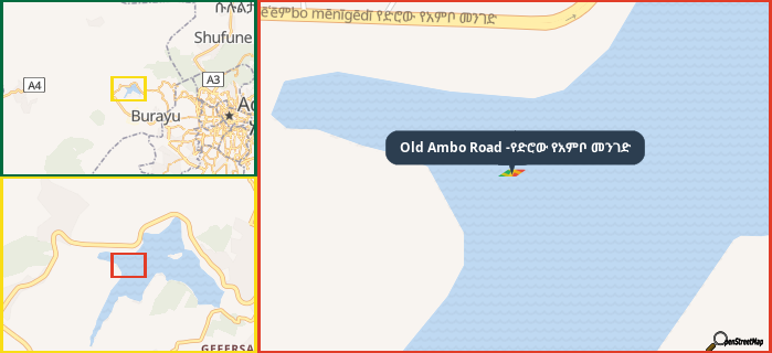 Map showing the address of Old Ambo Road -የድሮው የአምቦ መንገድ in three different zoom levels.