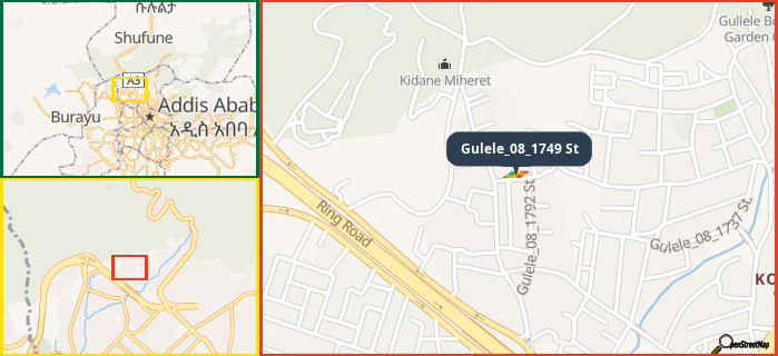 Map showing the address of Gulele_08_1749 St in three different zoom levels.
