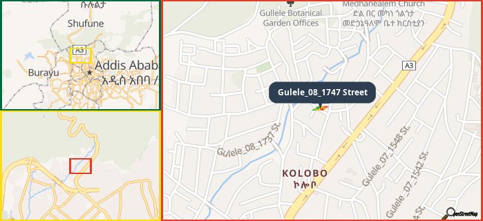 Map showing the address of Gulele_08_1747 Street in three different zoom levels.