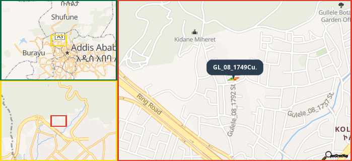 Map showing the address of GL_08_1749Cu. in three different zoom levels.