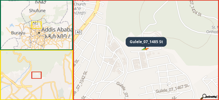 Map showing the address of Gulele_07_1485 St in three different zoom levels.