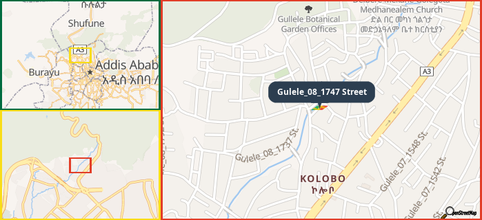 Map showing the address of Gulele_08_1747 Street in three different zoom levels.