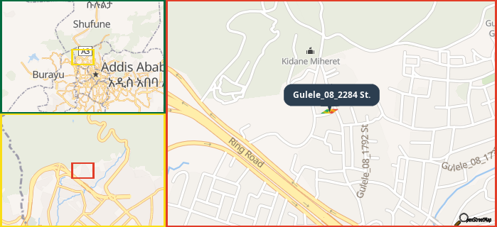 Map showing the address of Gulele_08_2284 St. in three different zoom levels.