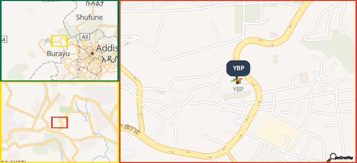 Map showing the address of YBP in three different zoom levels.