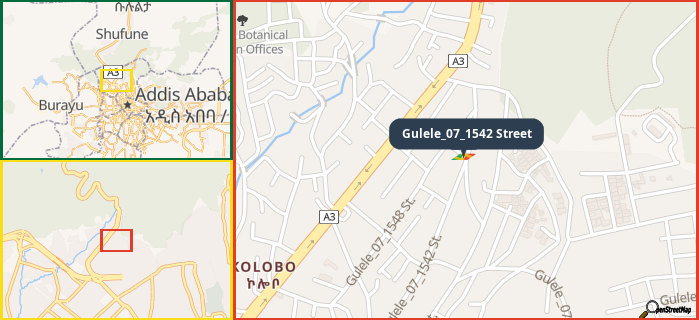 Map showing the address of Gulele_07_1542 Street in three different zoom levels.