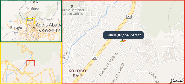 Map showing the address of Gulele_07_1548 Street in three different zoom levels.