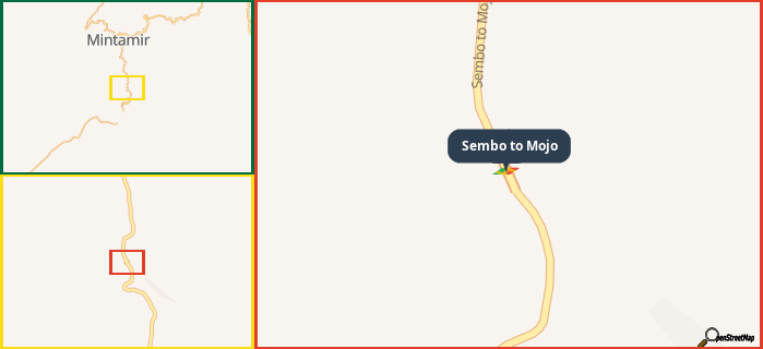 Map showing the address of Sembo to Mojo in three different zoom levels.