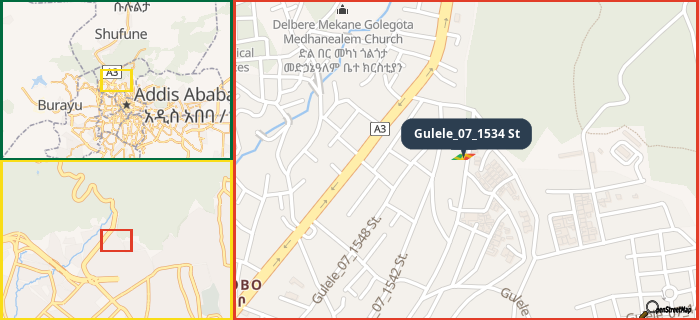 Map showing the address of Gulele_07_1534 St in three different zoom levels.