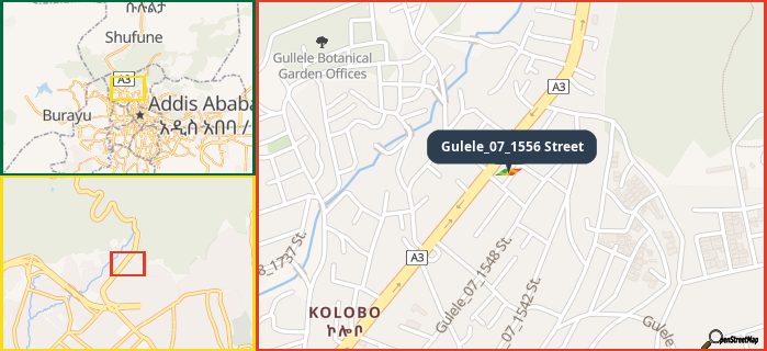 Map showing the address of Gulele_07_1556 Street in three different zoom levels.