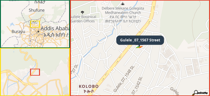 Map showing the address of Gulele _07_1567 Street in three different zoom levels.