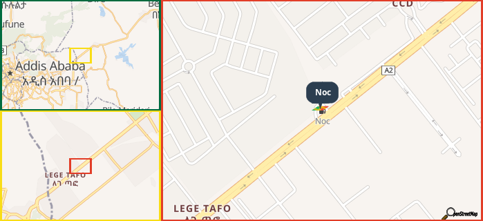 Map showing the address of Noc in three different zoom levels.