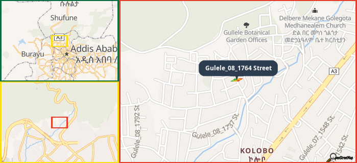 Map showing the address of Gulele_08_1764 Street in three different zoom levels.