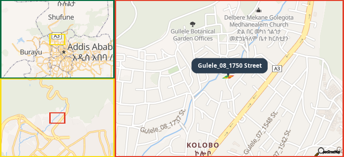 Map showing the address of Gulele_08_1750 Street in three different zoom levels.