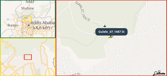 Map showing the address of Gulele _07_1487 St in three different zoom levels.