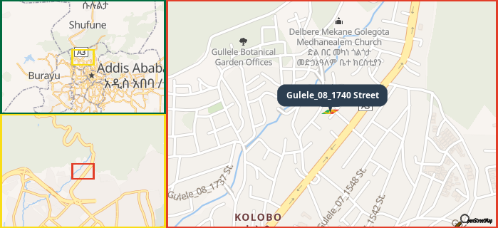 Map showing the address of Gulele_08_1740 Street in three different zoom levels.