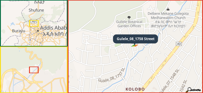 Map showing the address of Gulele_08_1758 Street in three different zoom levels.