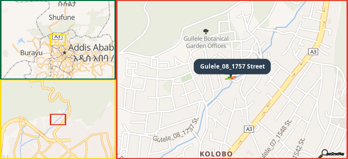 Map showing the address of Gulele_08_1757 Street in three different zoom levels.