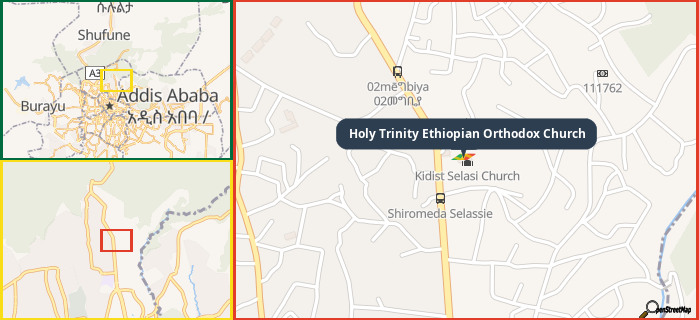 Map showing the address of Holy Trinity Ethiopian Orthodox Church in three different zoom levels.