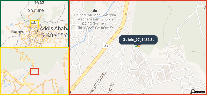 Map showing the address of Gulele_07_1482 St in three different zoom levels.