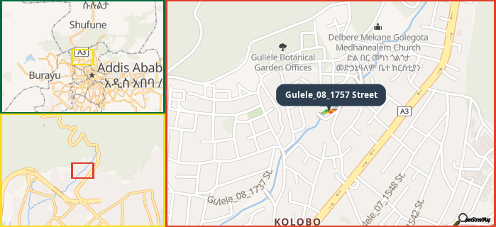 Map showing the address of Gulele_08_1757 Street in three different zoom levels.