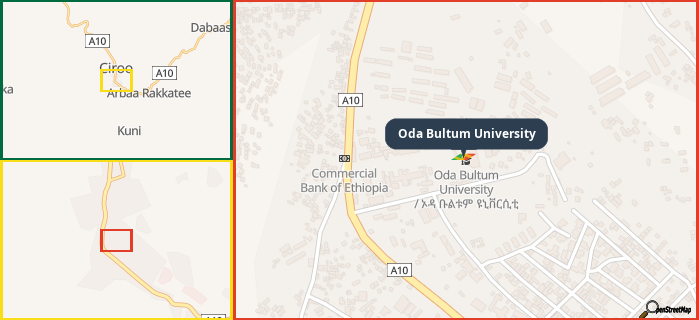 Map showing the address of Oda Bultum University in three different zoom levels.