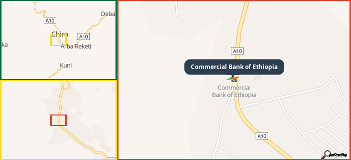 Map showing the address of Commercial Bank of Ethiopia in three different zoom levels.