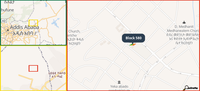 Map showing the address of Block 580 in three different zoom levels.