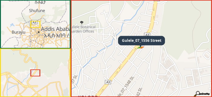 Map showing the address of Gulele_07_1556 Street in three different zoom levels.