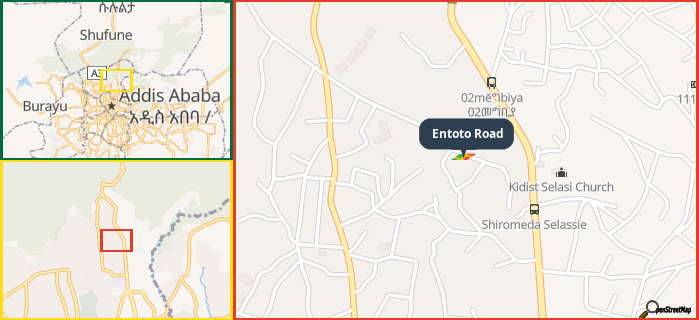 Map showing the address of Entoto Road in three different zoom levels.
