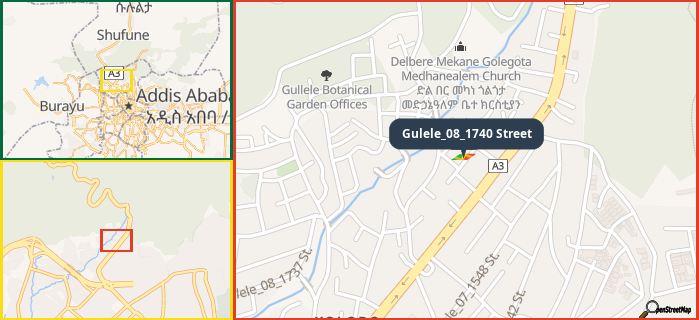 Map showing the address of Gulele_08_1740 Street in three different zoom levels.