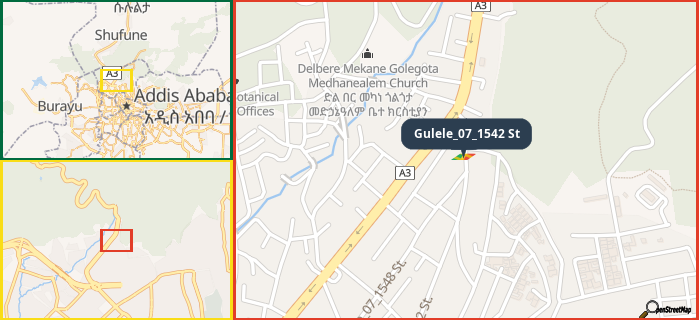Map showing the address of Gulele_07_1542 St in three different zoom levels.