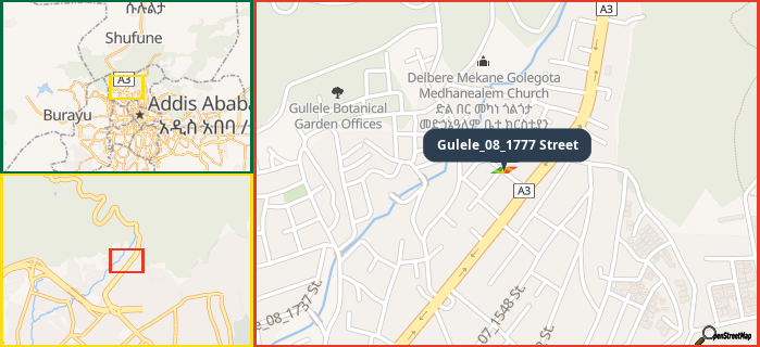 Map showing the address of Gulele_08_1777 Street in three different zoom levels.
